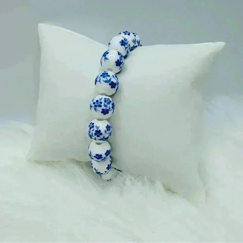 Chinese-Style Ceramic Floral Beaded Stretch Bracelet blue floral